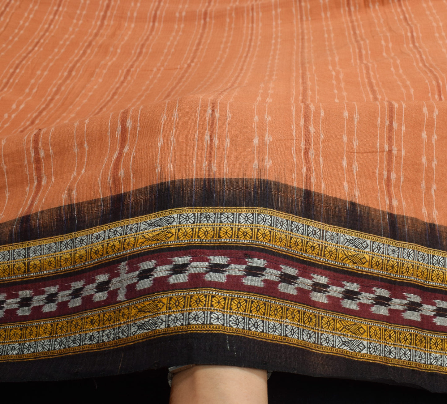 Sushila Vintage Sambalpuri Handloom Ikat Saree Pure Cotton Peach Woven Fabric