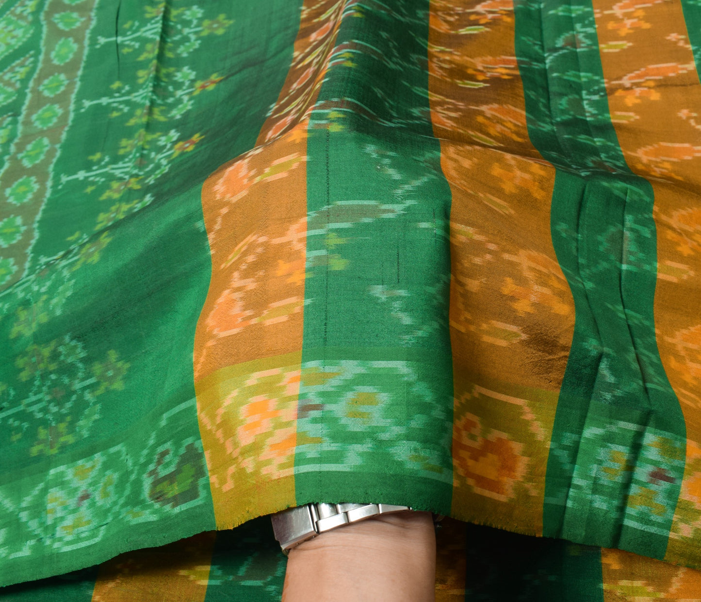 Sushila Vintage Pochampally Ikat Saree Pure Silk Green Mustard Handloom Sari