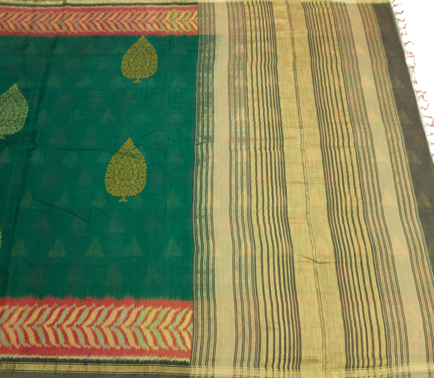 Sushila Vintage Pure Cotton Silk Saree Zari Border Pochampally Ikat Woven Sari
