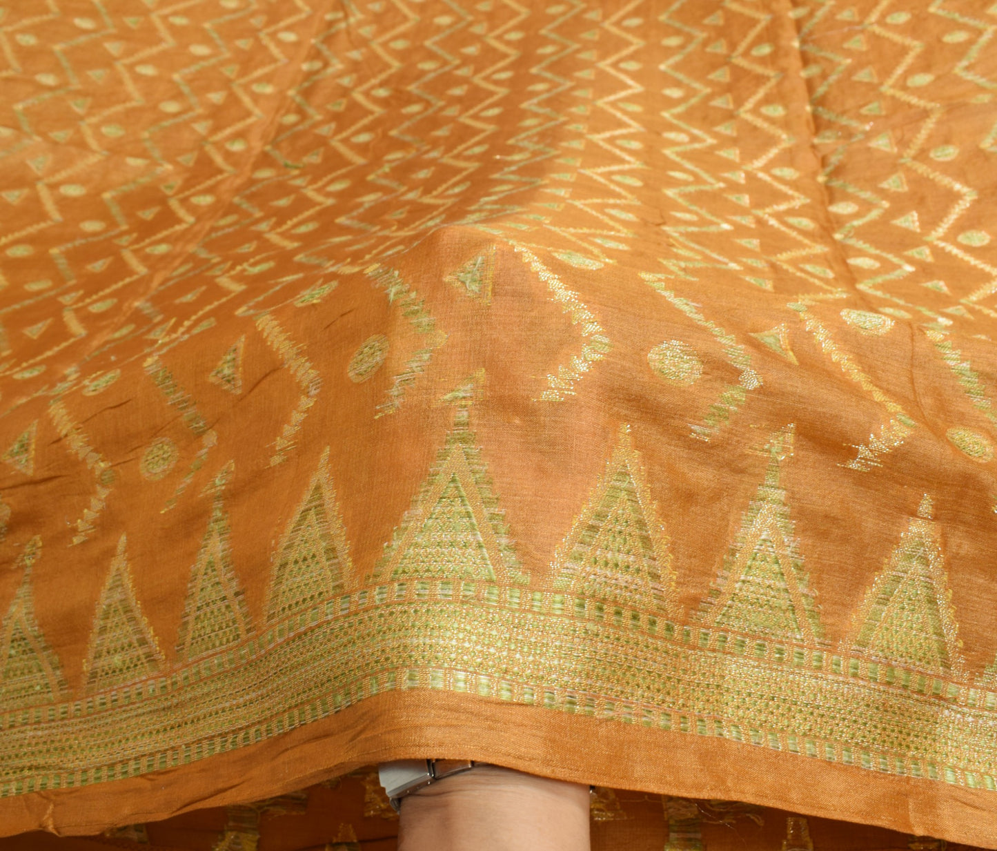 Sushila Vintage Mustard Saree Pure Tussar Silk Woven Geometrical 6Yd Sari Fabric