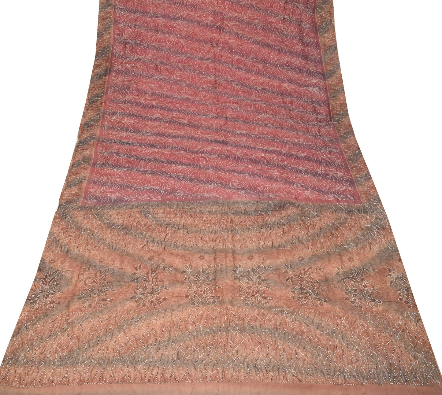 Sushila Vintage Pure Silk Saree Printed & Kantha Work Pink Sari Fabric
