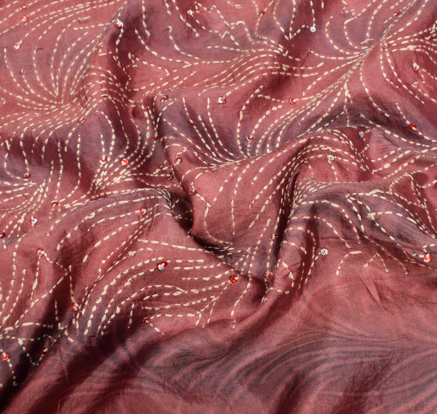 Sushila Vintage Pure Silk Saree Printed & Kantha Work Pink Sari Fabric