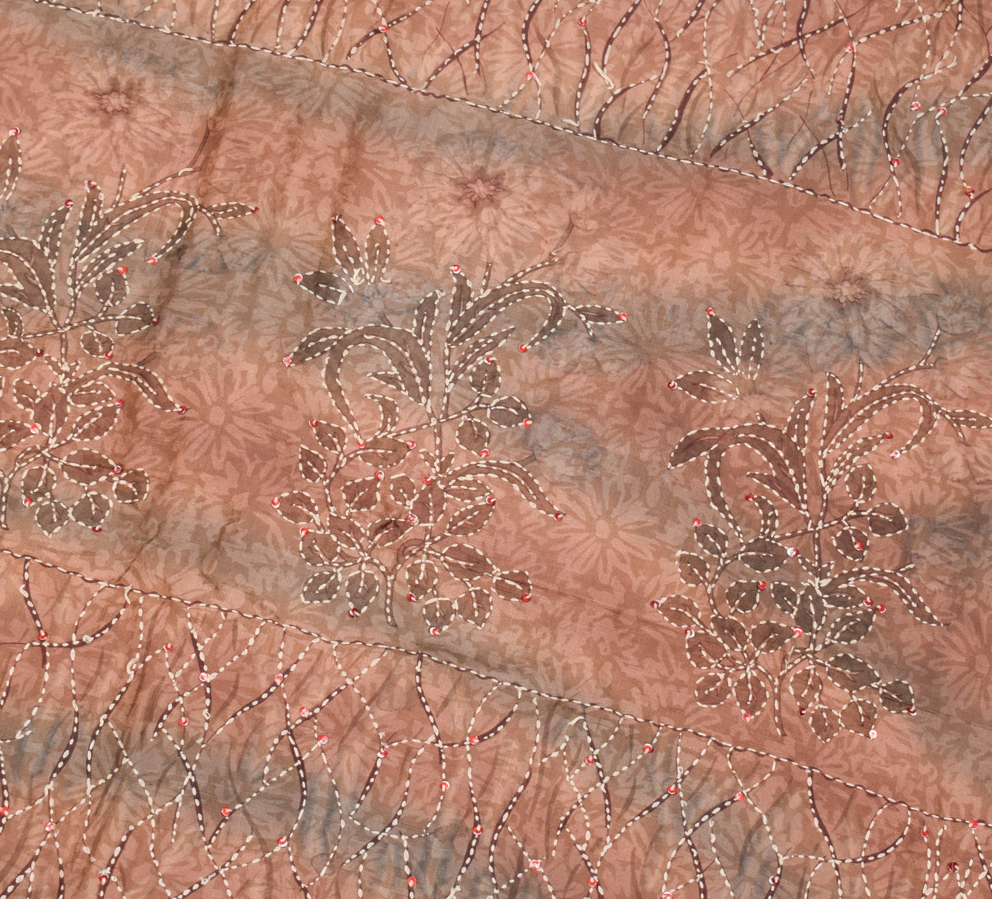 Sushila Vintage Pure Silk Saree Printed & Kantha Work Pink Sari Fabric