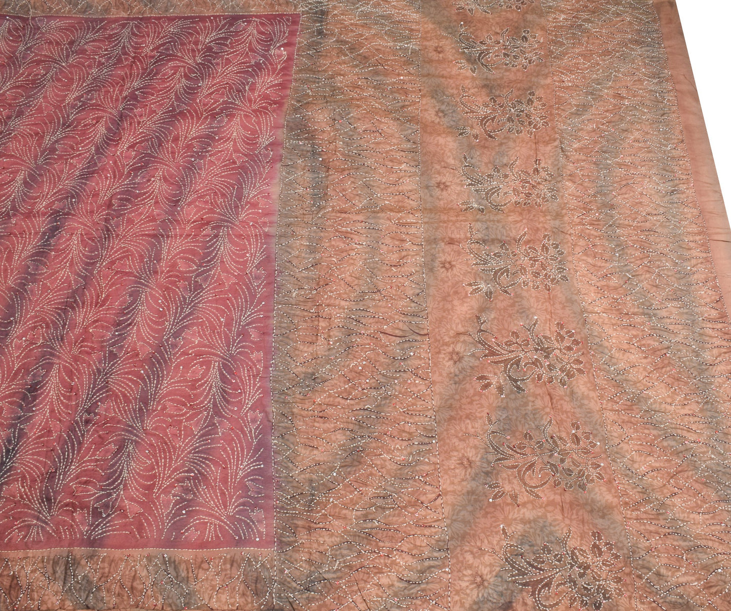 Sushila Vintage Pure Silk Saree Printed & Kantha Work Pink Sari Fabric