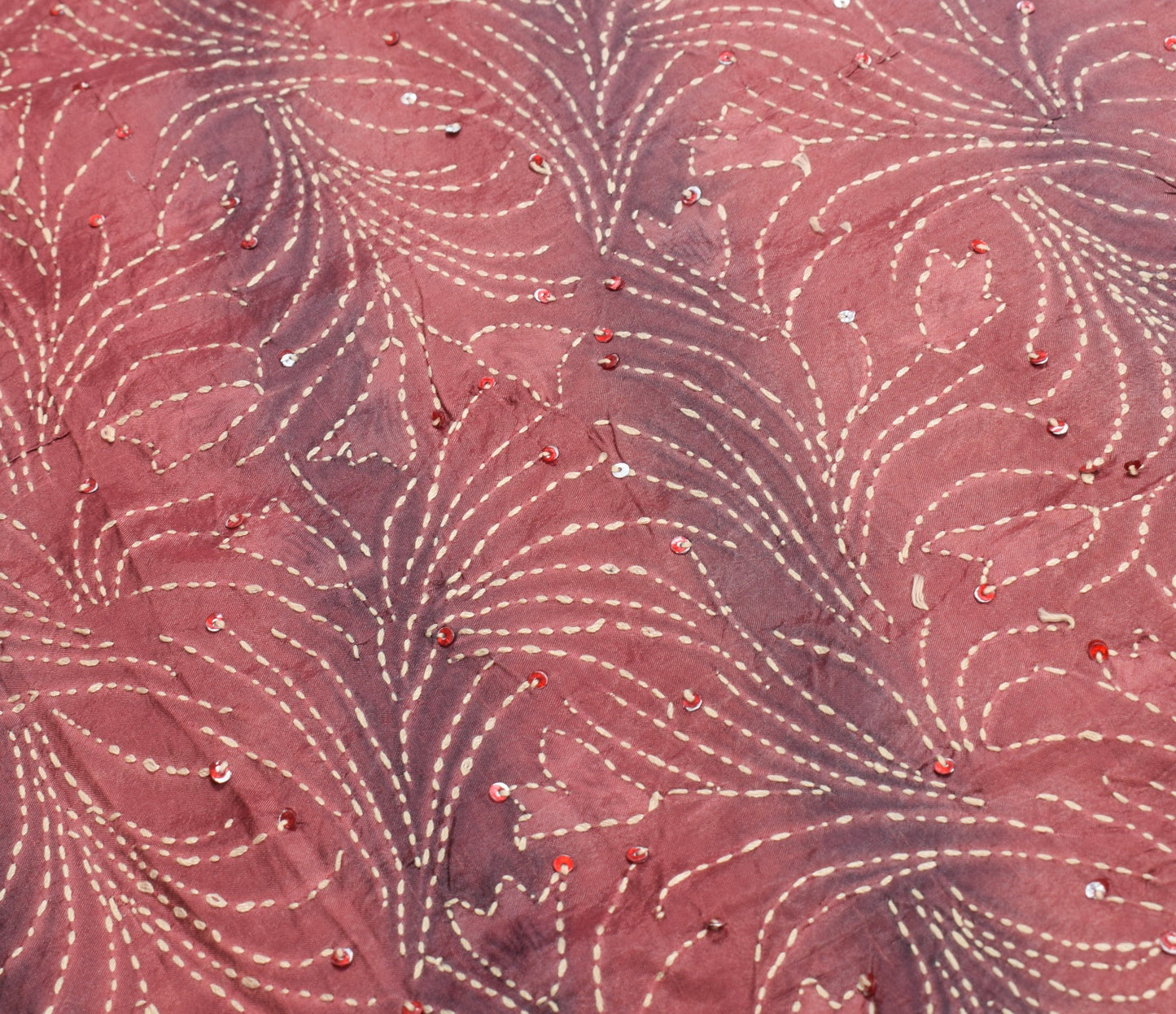 Sushila Vintage Pure Silk Saree Printed & Kantha Work Pink Sari Fabric