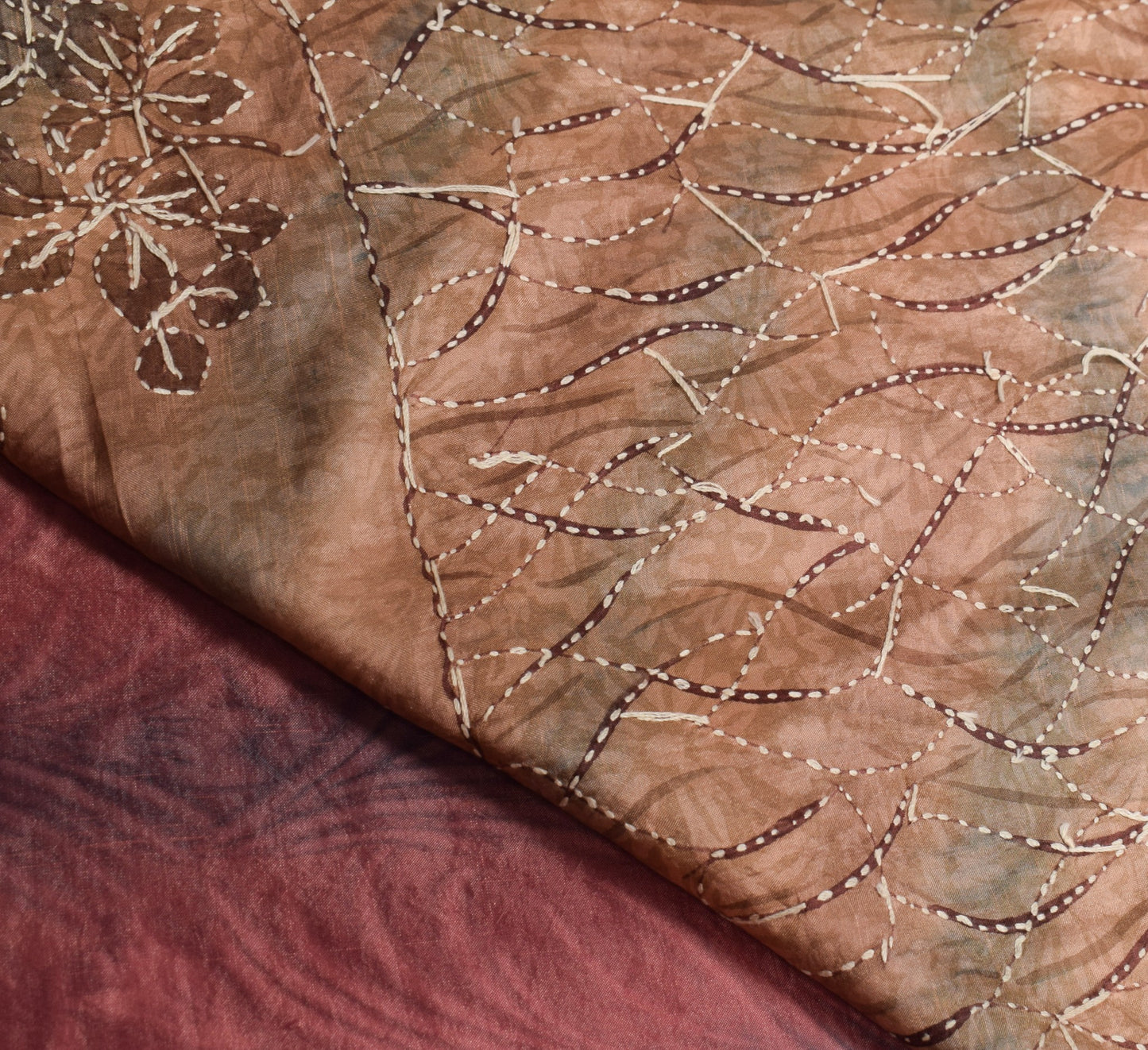Sushila Vintage Pure Silk Saree Printed & Kantha Work Pink Sari Fabric