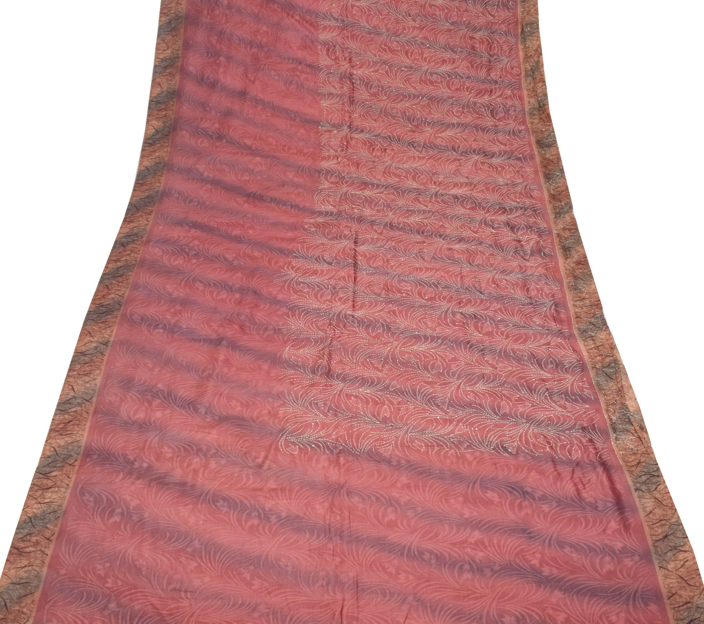 Sushila Vintage Pure Silk Saree Printed & Kantha Work Pink Sari Fabric