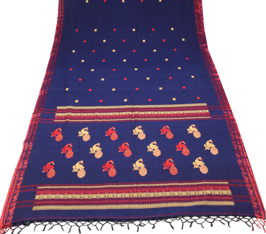 Sushila Vintage Pure Cotton Saree Blue Embroidered & Woven Handloom Sari Fabric