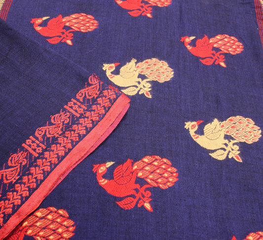 Sushila Vintage Pure Cotton Saree Blue Embroidered & Woven Handloom Sari Fabric