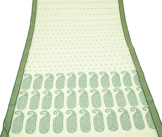 Sushila Vintage Cream Saree DarkGreen Border Pure Cotton Bengal Tant Sari Fabric