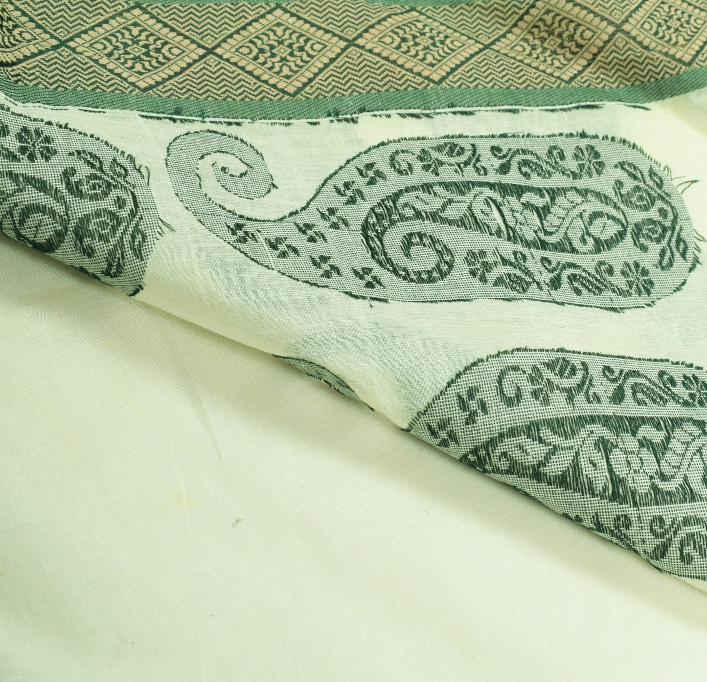 Sushila Vintage Cream Saree DarkGreen Border Pure Cotton Bengal Tant Sari Fabric