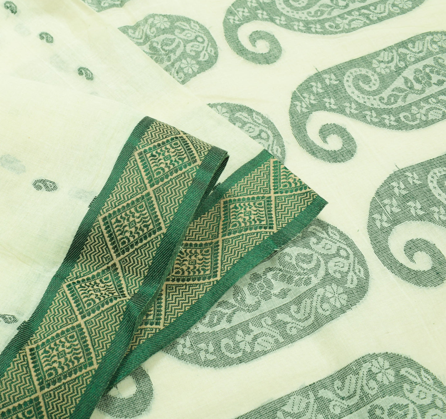 Sushila Vintage Cream Saree DarkGreen Border Pure Cotton Bengal Tant Sari Fabric