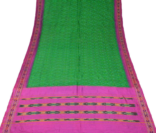 Sushila Vintage Green Saree Pure Silk Hand Woven Ikat Patola Sari Craft Fabric