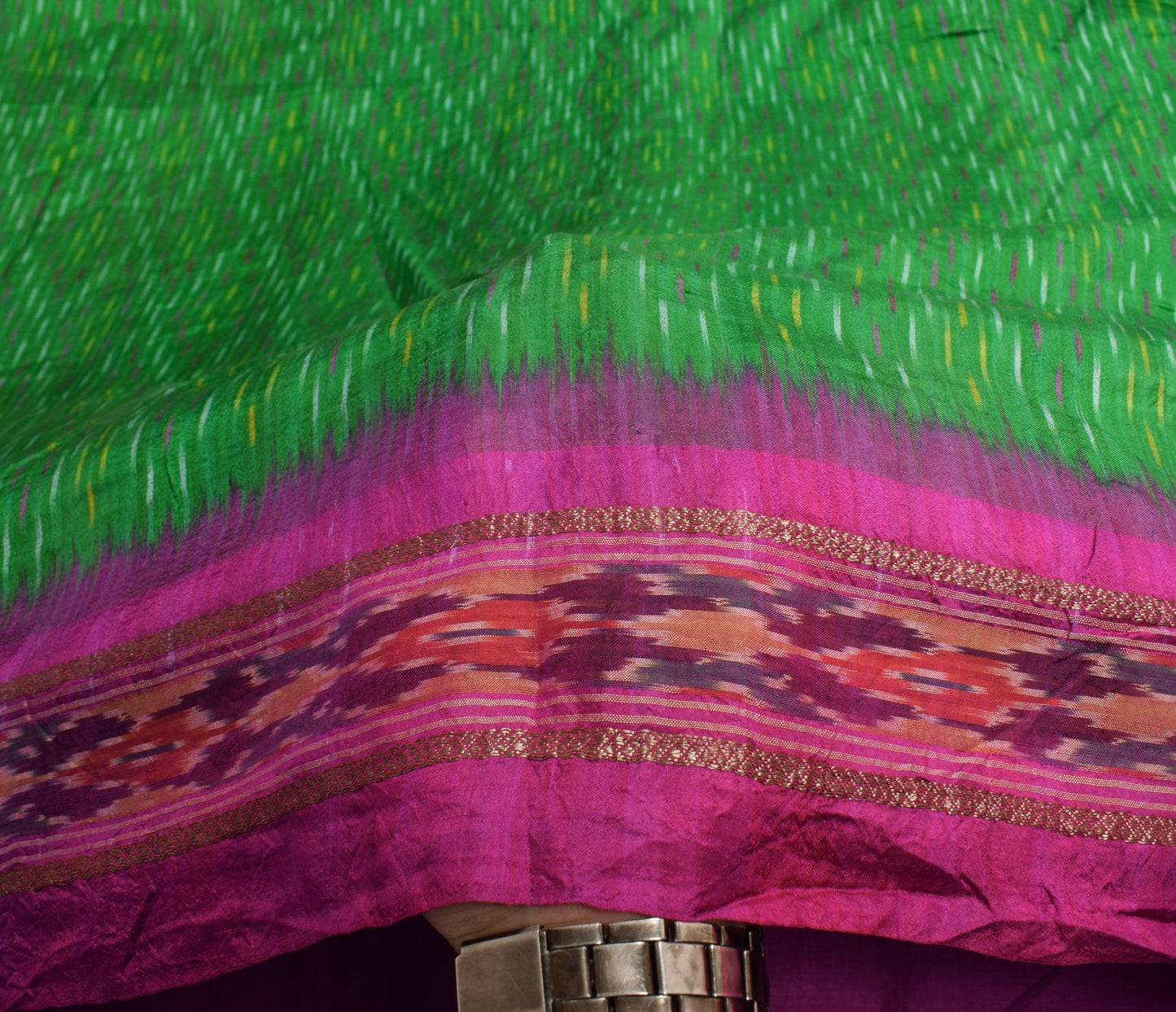 Sushila Vintage Green Saree Pure Silk Hand Woven Ikat Patola Sari Craft Fabric