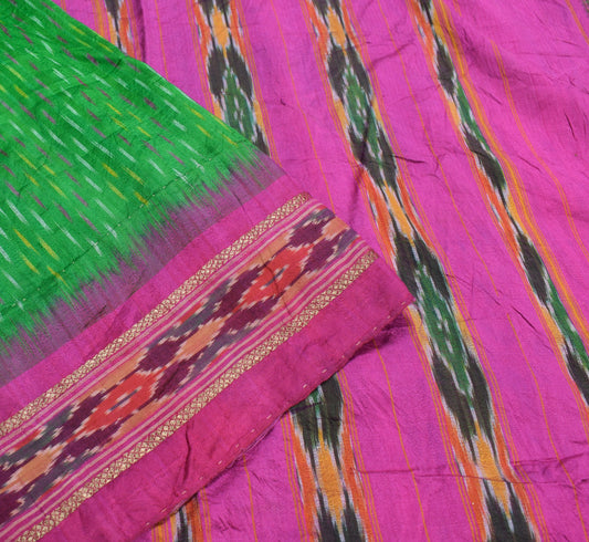 Sushila Vintage Green Saree Pure Silk Hand Woven Ikat Patola Sari Craft Fabric