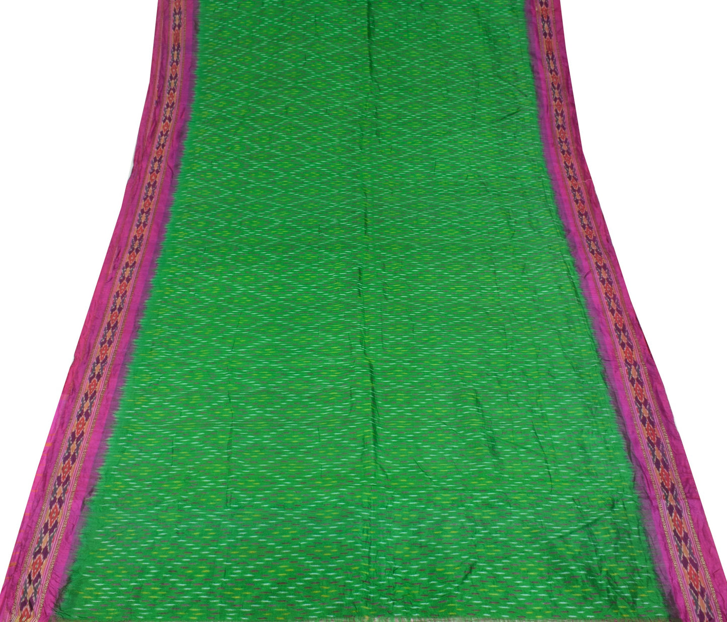 Sushila Vintage Green Saree Pure Silk Hand Woven Ikat Patola Sari Craft Fabric