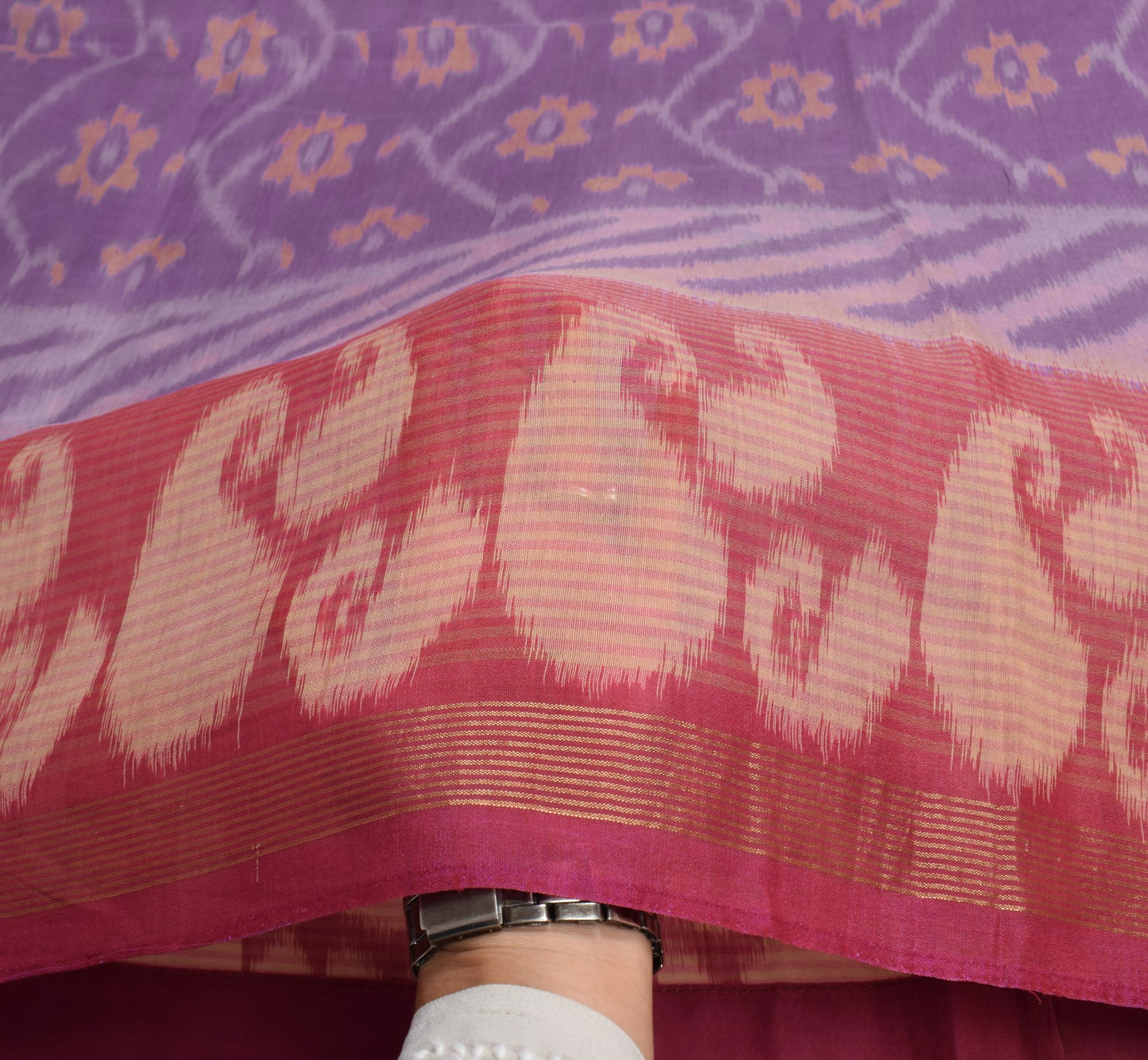 Sushila Vintage Pochampally Ikat Saree Pure Cotton Silk ZariBorder Lavender Sari