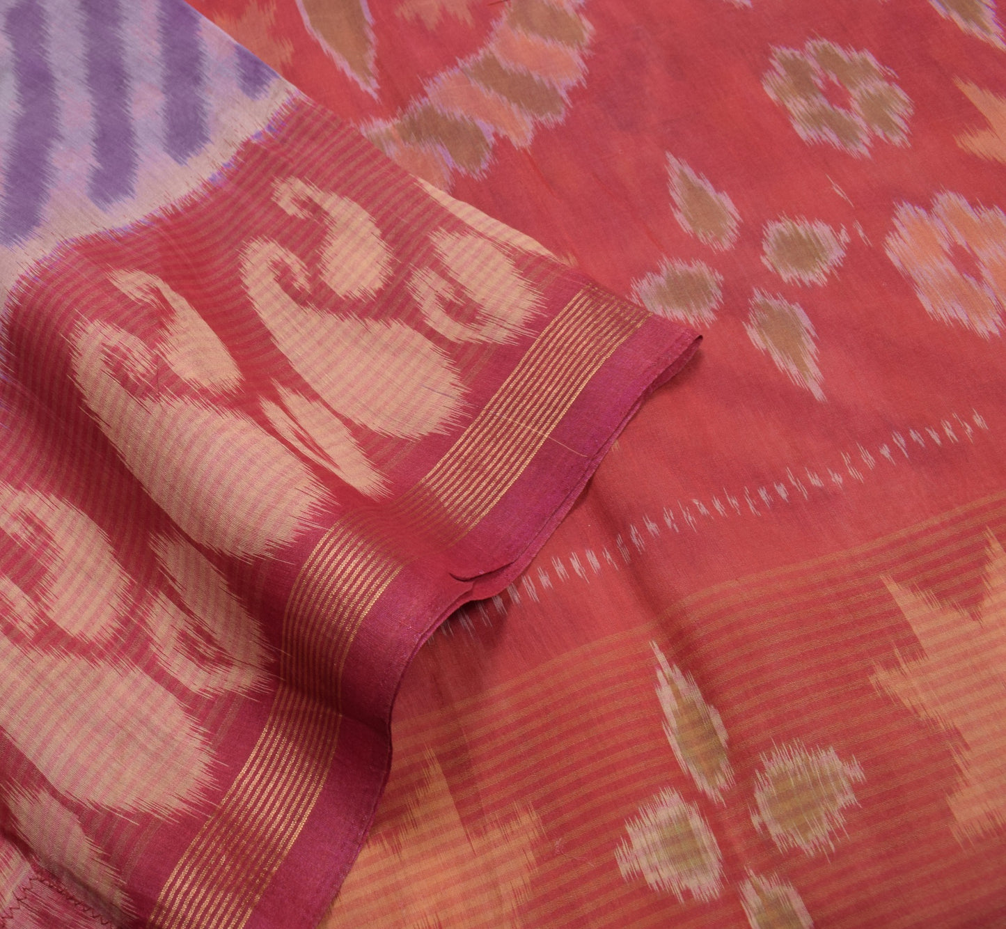 Sushila Vintage Pochampally Ikat Saree Pure Cotton Silk ZariBorder Lavender Sari