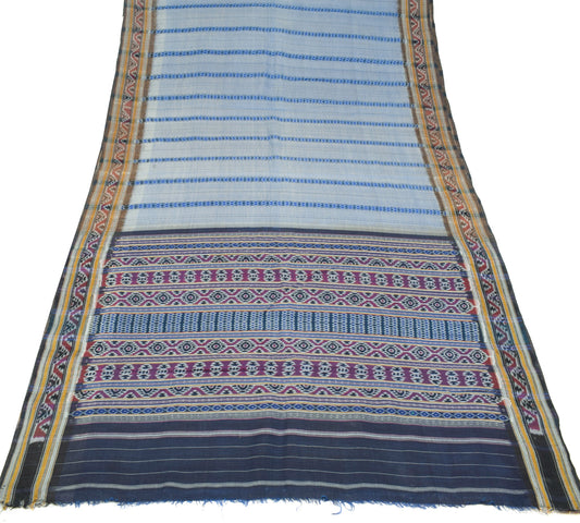 Sushila Vintage Sambalpuri Handloom Ikat Saree Pure Cotton Sky Blue Woven Fabric