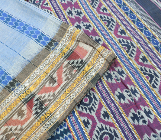 Sushila Vintage Sambalpuri Handloom Ikat Saree Pure Cotton Sky Blue Woven Fabric