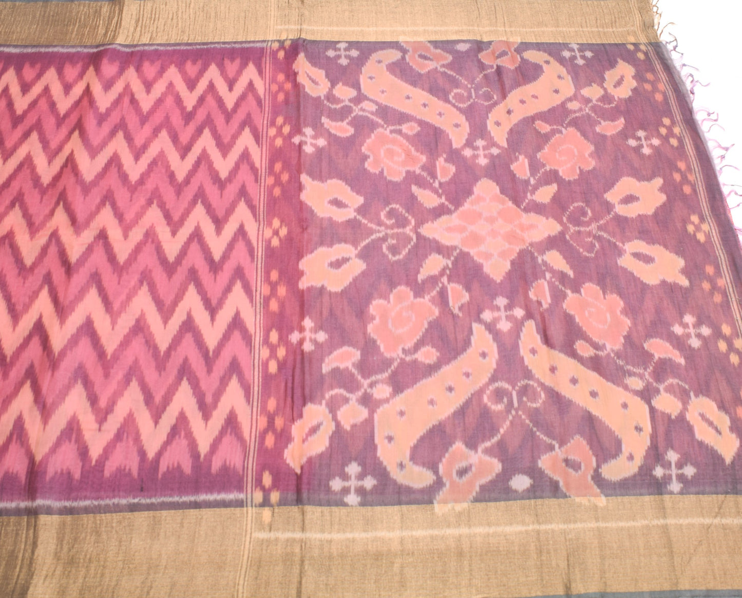 Sushila Vintage Pochampally Ikat Saree Pure Cotton Silk Zari Border Pink Sari