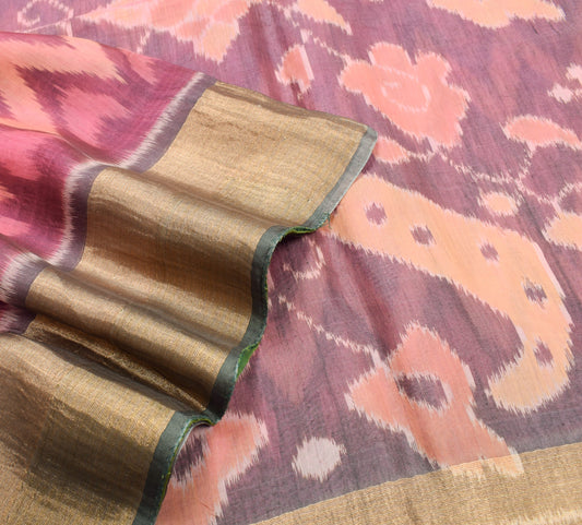 Sushila Vintage Pochampally Ikat Saree Pure Cotton Silk Zari Border Pink Sari