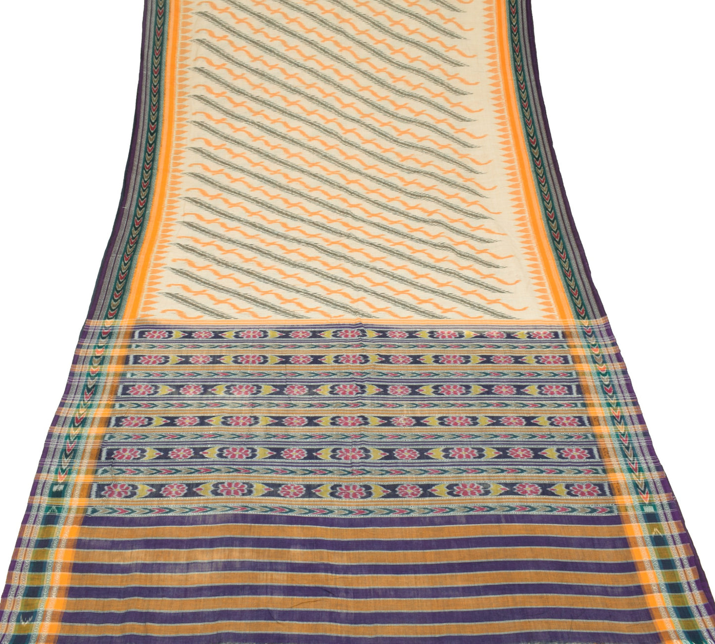 Sushila Vintage Sambalpuri Handloom Ikat Saree Pure Cotton Cream Woven Fabric