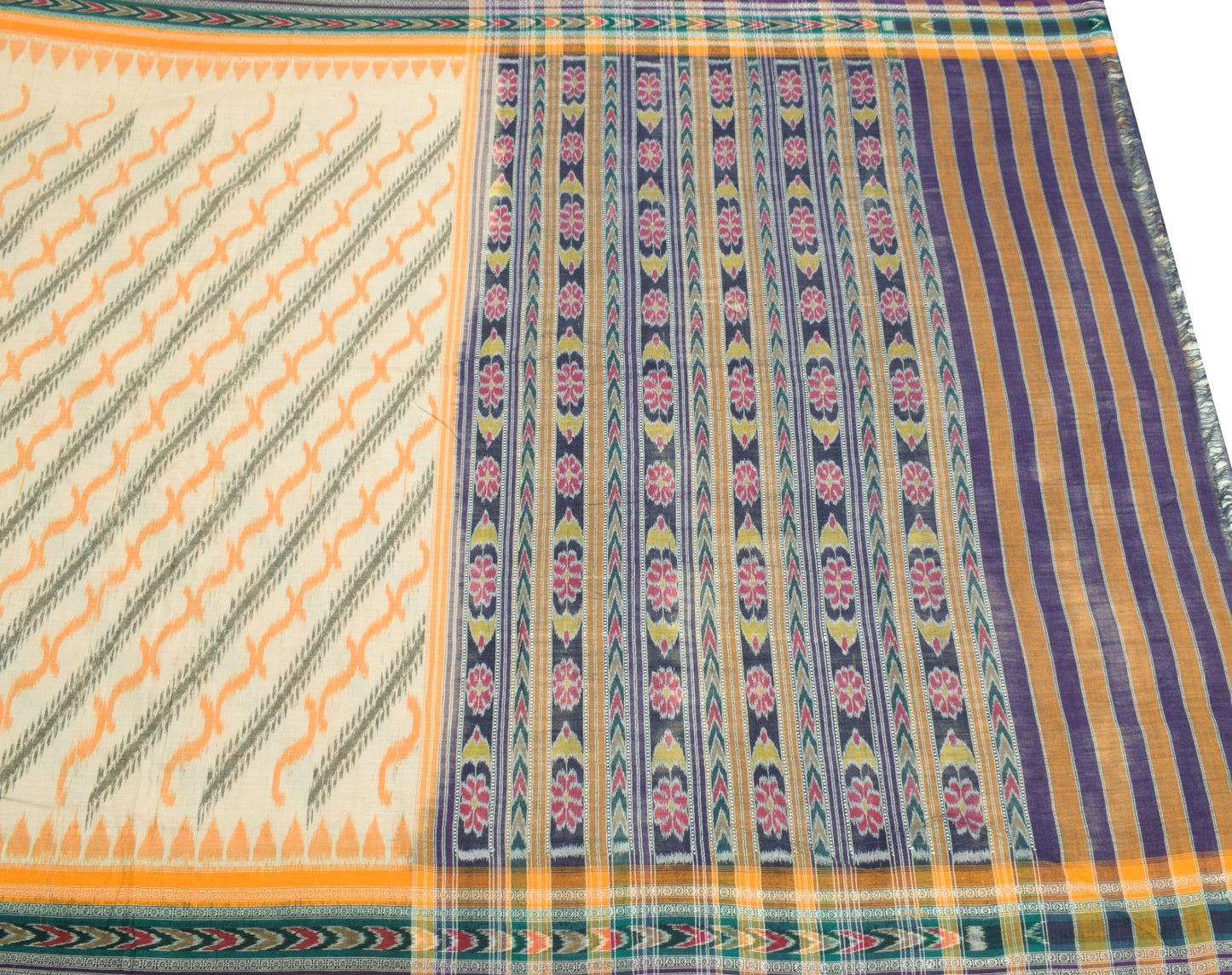 Sushila Vintage Sambalpuri Handloom Ikat Saree Pure Cotton Cream Woven Fabric
