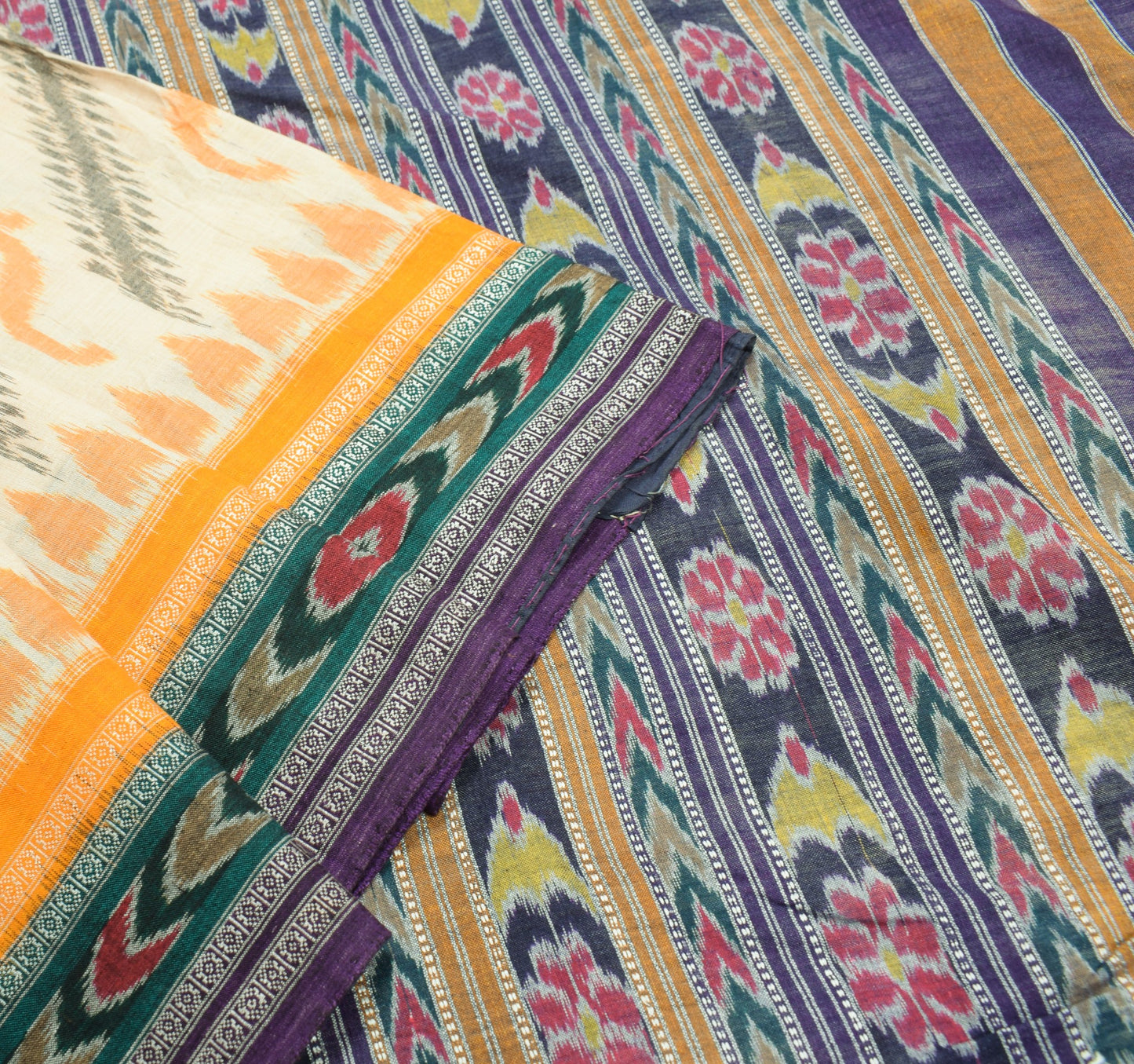 Sushila Vintage Sambalpuri Handloom Ikat Saree Pure Cotton Cream Woven Fabric