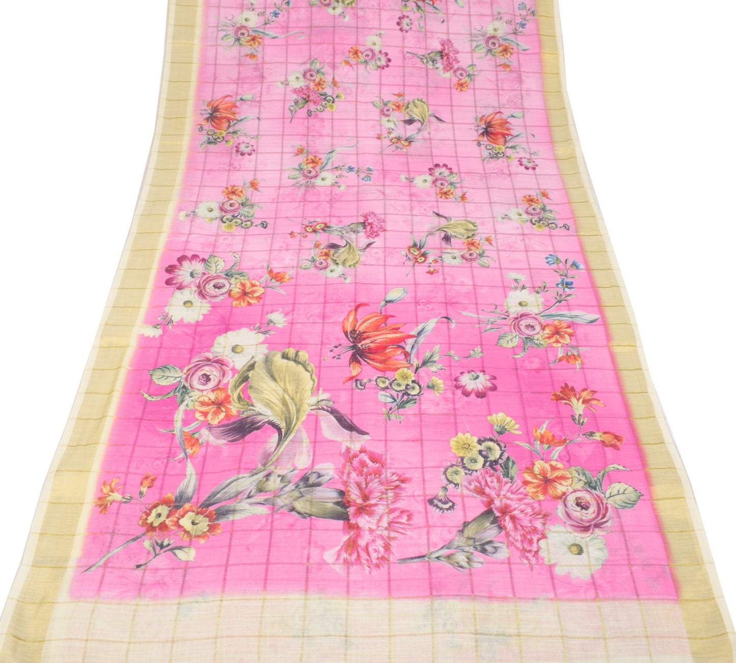 Sushila Vintage Pink Floral Saree Art Linen Digital Printed & Woven Sari Fabric