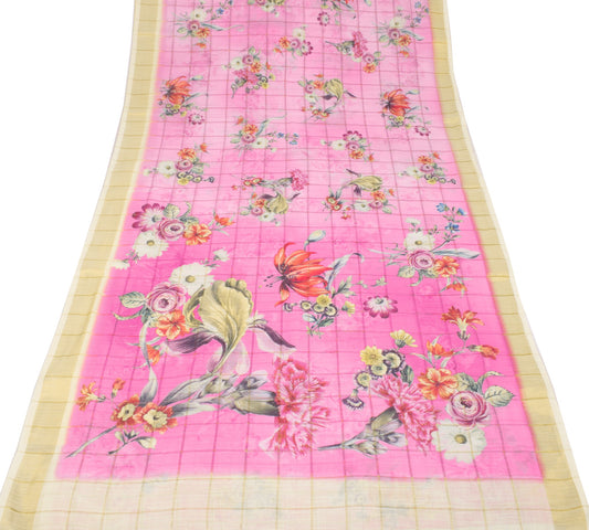Sushila Vintage Pink Floral Saree Art Linen Digital Printed & Woven Sari Fabric
