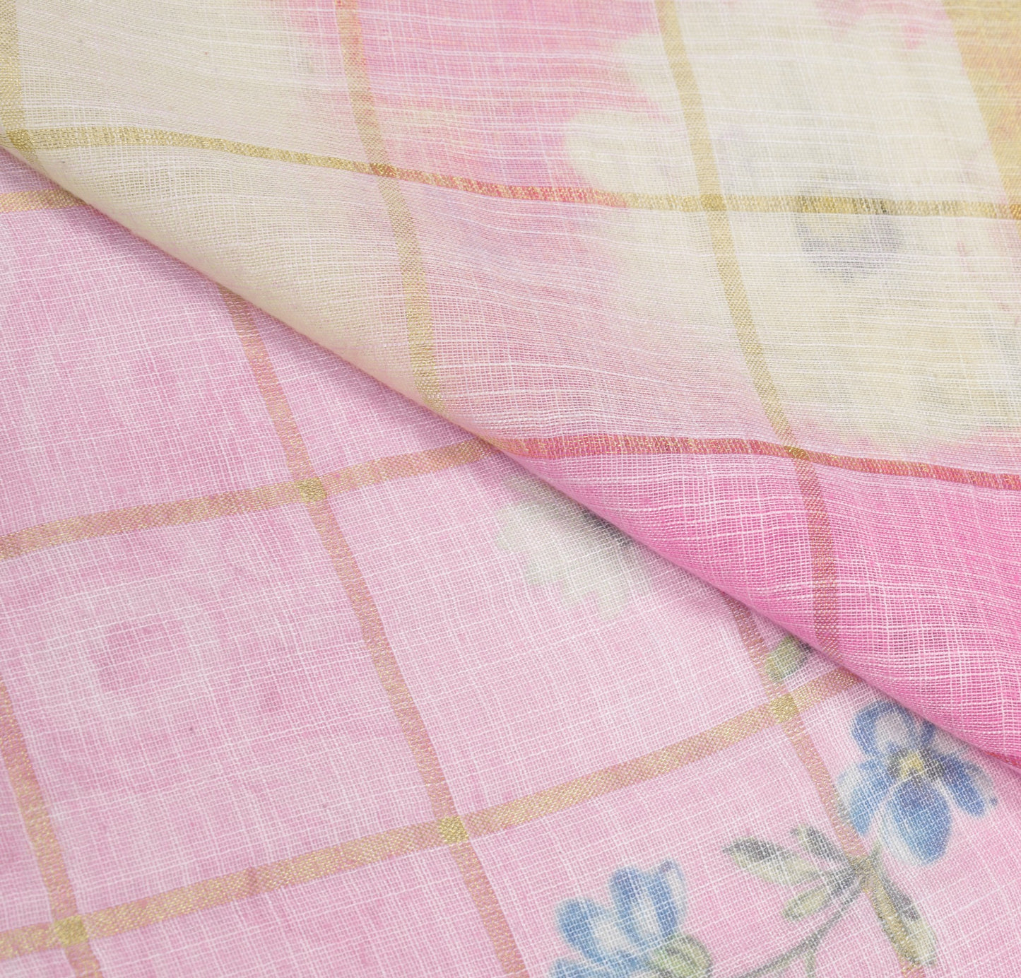 Sushila Vintage Pink Floral Saree Art Linen Digital Printed & Woven Sari Fabric
