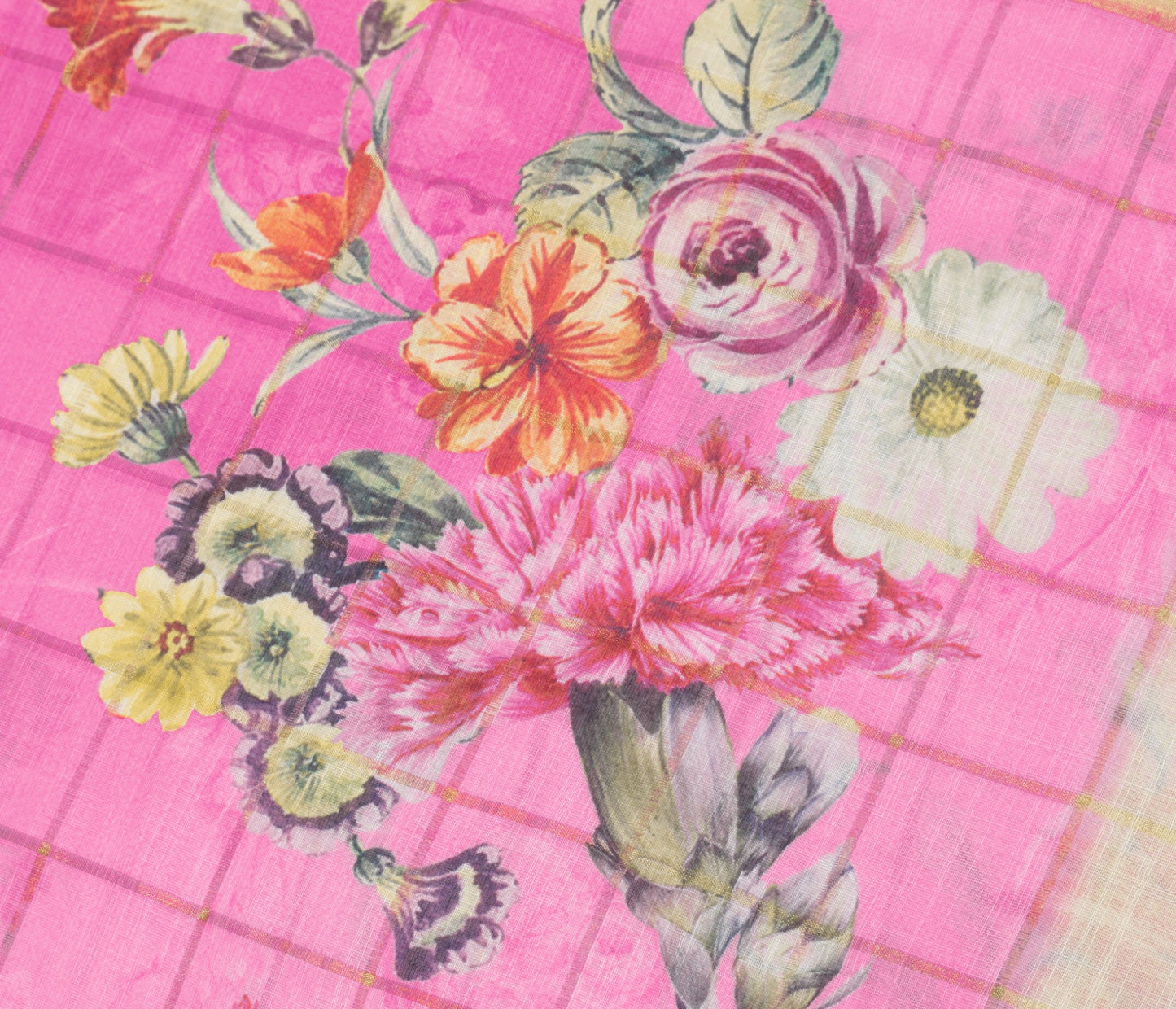 Sushila Vintage Pink Floral Saree Art Linen Digital Printed & Woven Sari Fabric