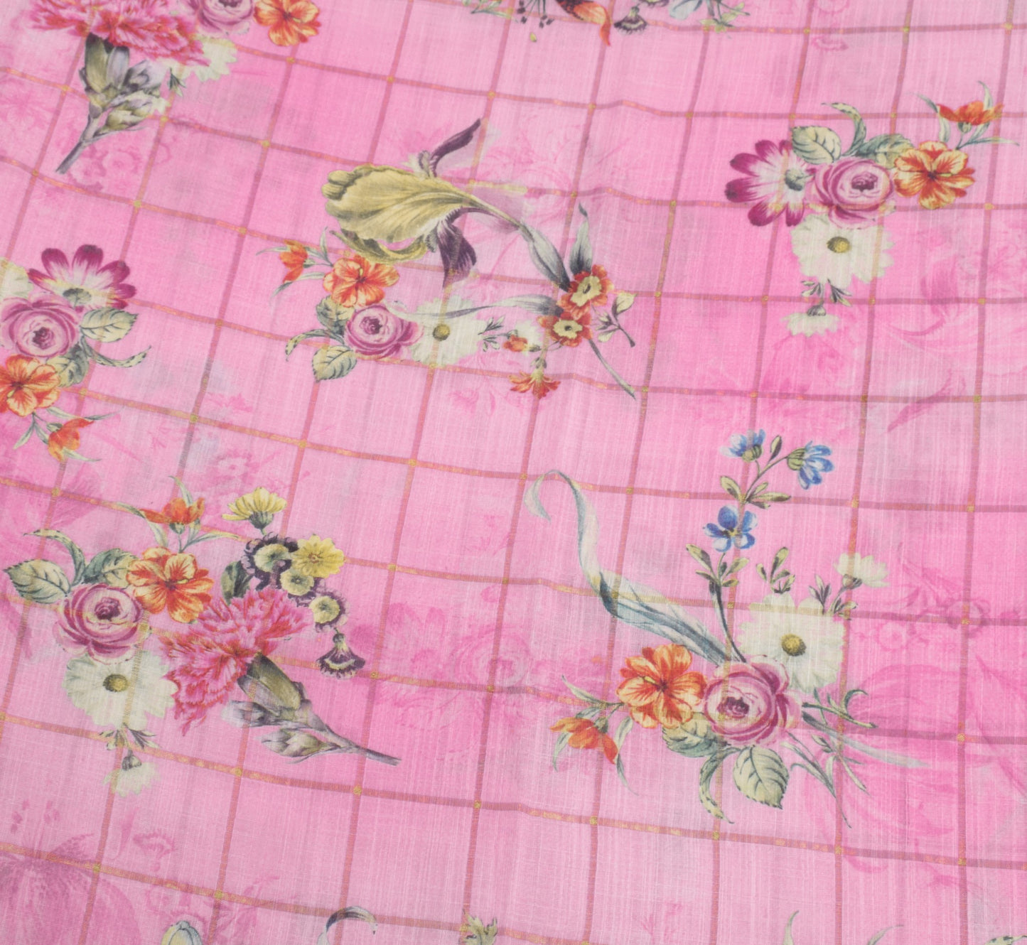 Sushila Vintage Pink Floral Saree Art Linen Digital Printed & Woven Sari Fabric