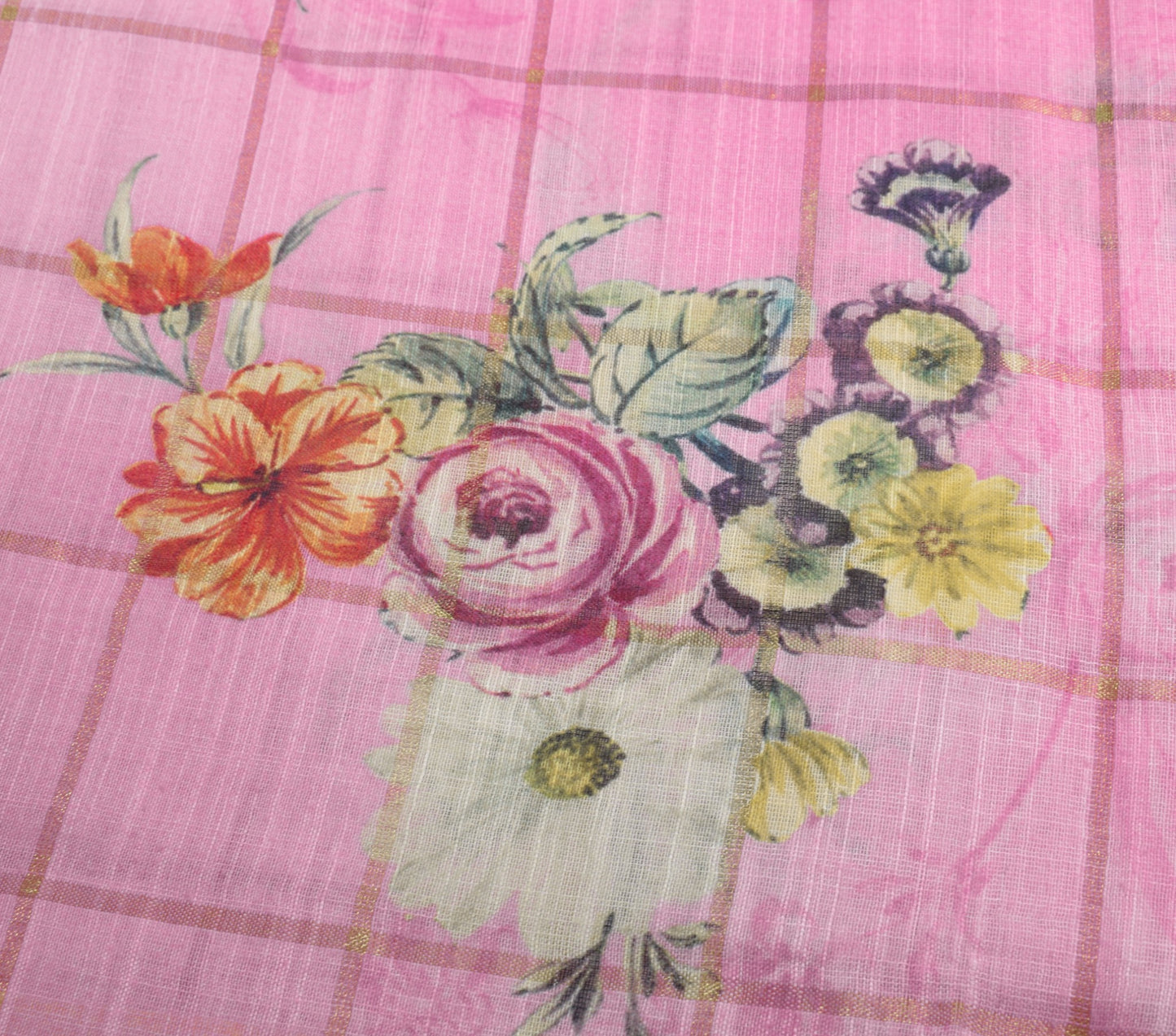 Sushila Vintage Pink Floral Saree Art Linen Digital Printed & Woven Sari Fabric