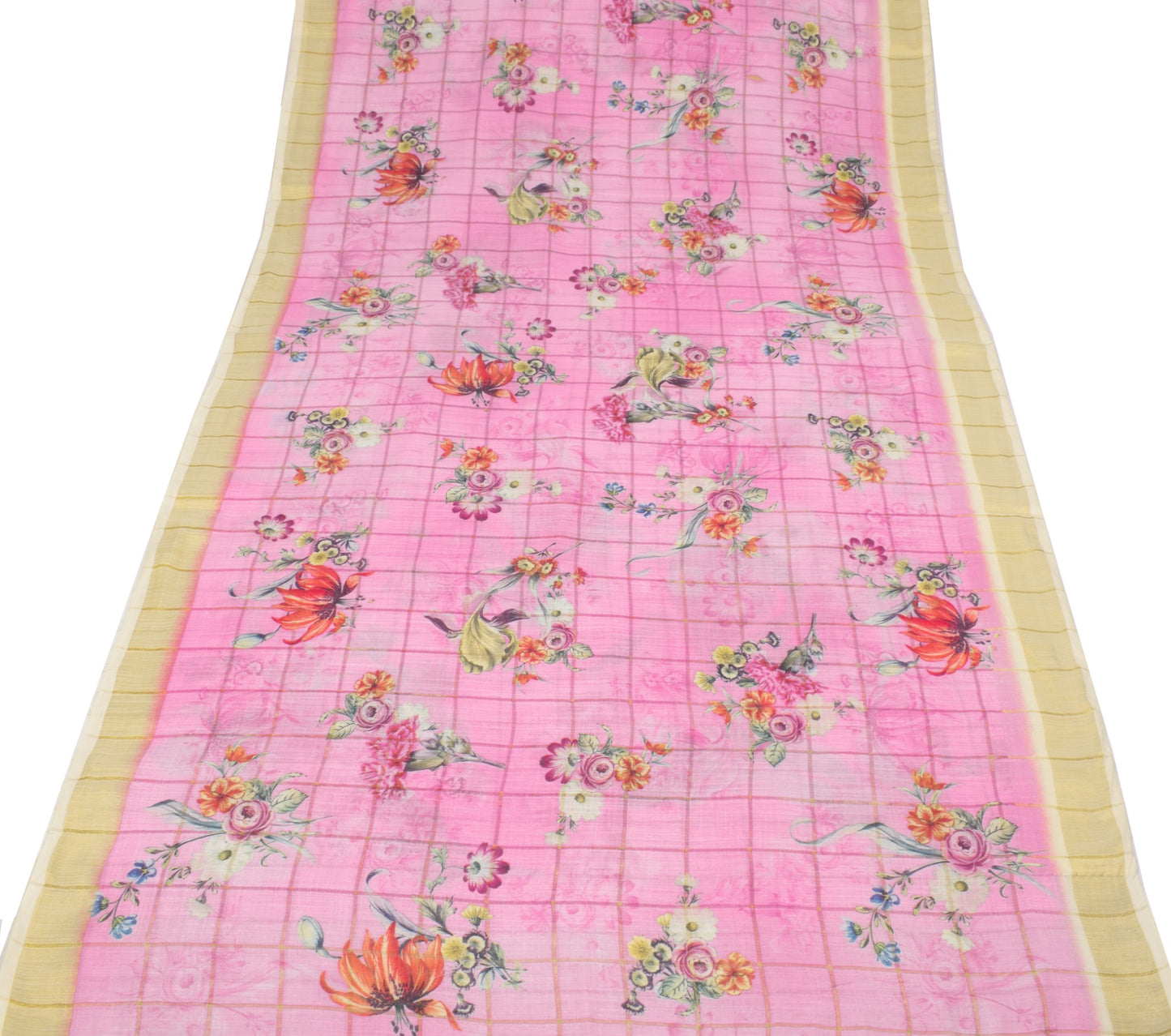 Sushila Vintage Pink Floral Saree Art Linen Digital Printed & Woven Sari Fabric