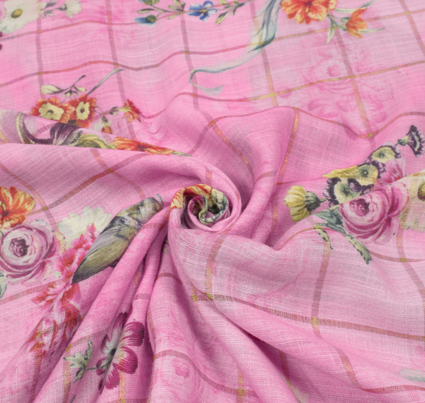 Sushila Vintage Pink Floral Saree Art Linen Digital Printed & Woven Sari Fabric
