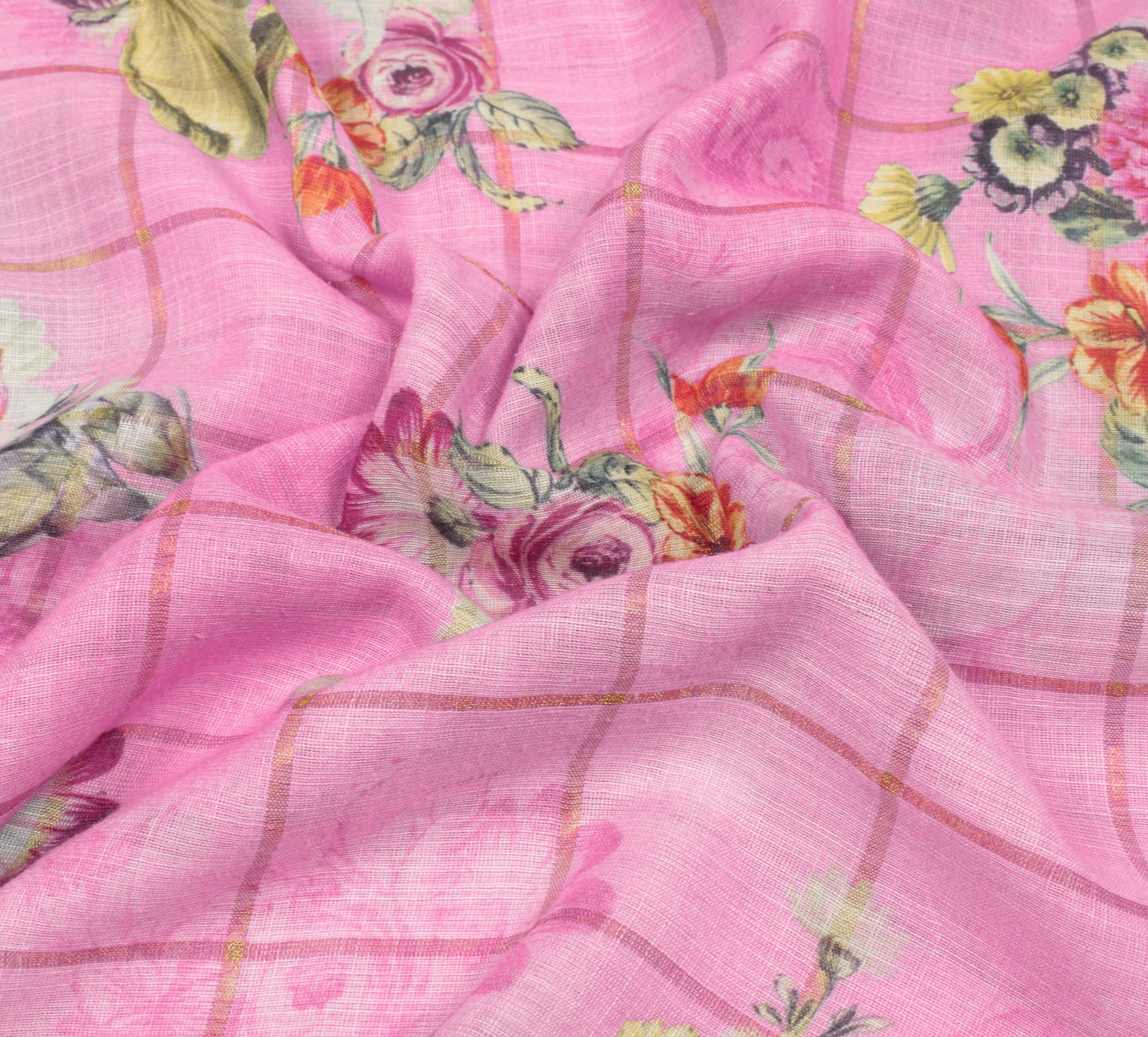 Sushila Vintage Pink Floral Saree Art Linen Digital Printed & Woven Sari Fabric