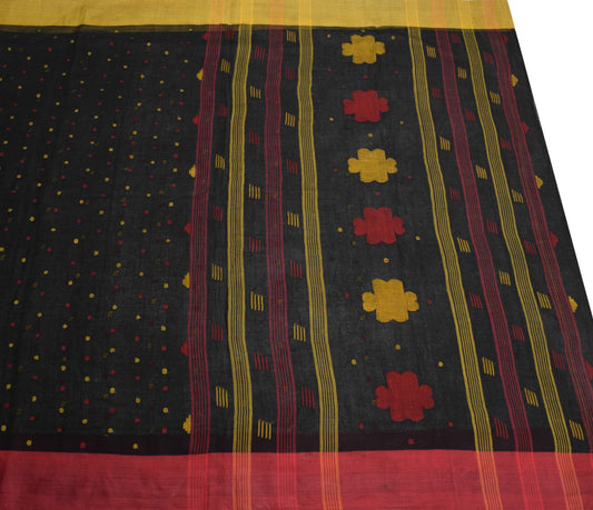 Sushila Vintage Bengal Tant Woven Saree Pure Cotton Black Handloom Sari Fabric