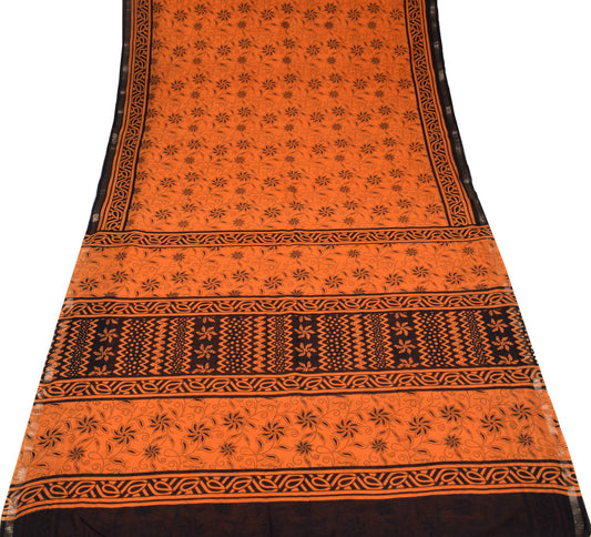 Sushila Vintage Orange Black Saree Pure Chanderi Floral Print Woven Sari Fabric