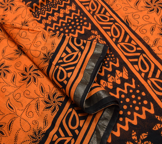 Sushila Vintage Orange Black Saree Pure Chanderi Floral Print Woven Sari Fabric