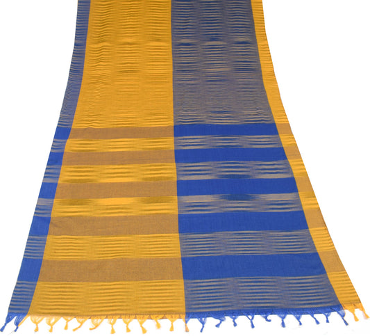 Sushila Vintage Blue Yellow Saree Art Cotton Hands Woven Stripes 6YD Sari Fabric