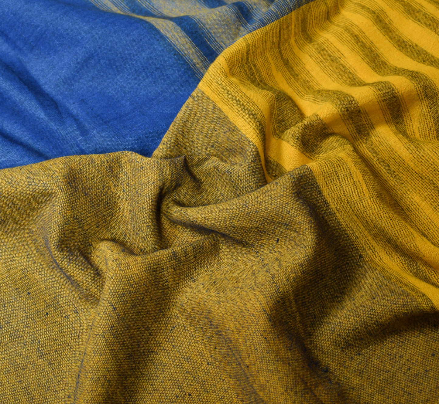 Sushila Vintage Blue Yellow Saree Art Cotton Hands Woven Stripes 6YD Sari Fabric