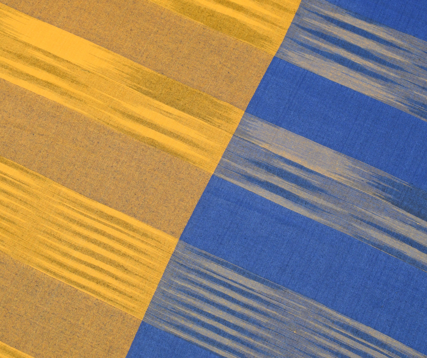 Sushila Vintage Blue Yellow Saree Art Cotton Hands Woven Stripes 6YD Sari Fabric