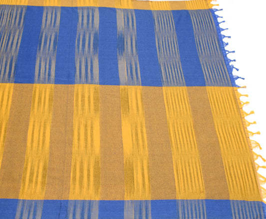 Sushila Vintage Blue Yellow Saree Art Cotton Hands Woven Stripes 6YD Sari Fabric