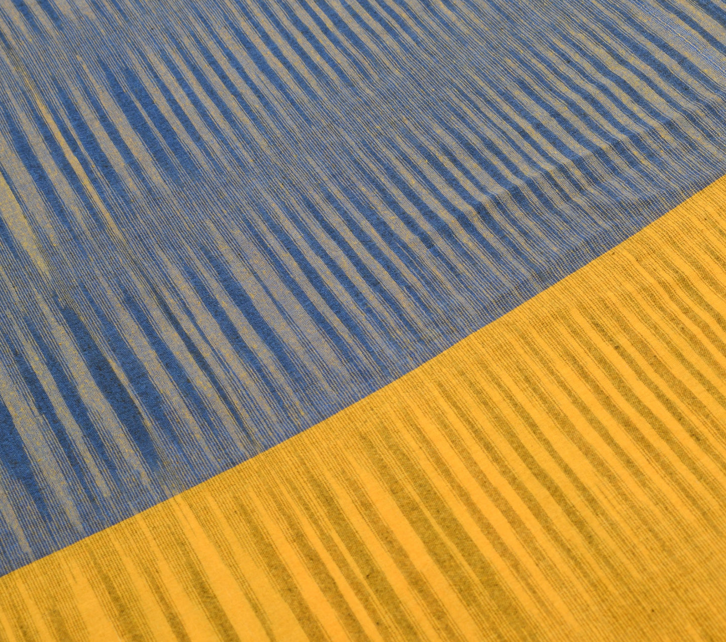 Sushila Vintage Blue Yellow Saree Art Cotton Hands Woven Stripes 6YD Sari Fabric