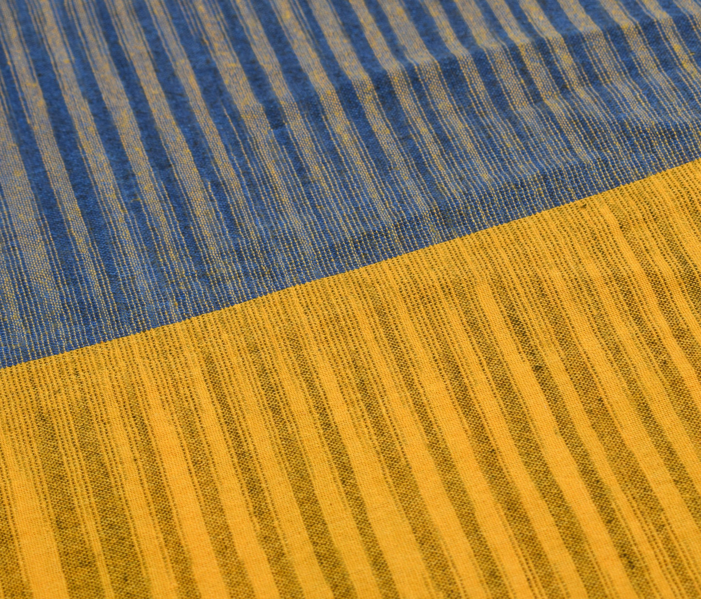 Sushila Vintage Blue Yellow Saree Art Cotton Hands Woven Stripes 6YD Sari Fabric