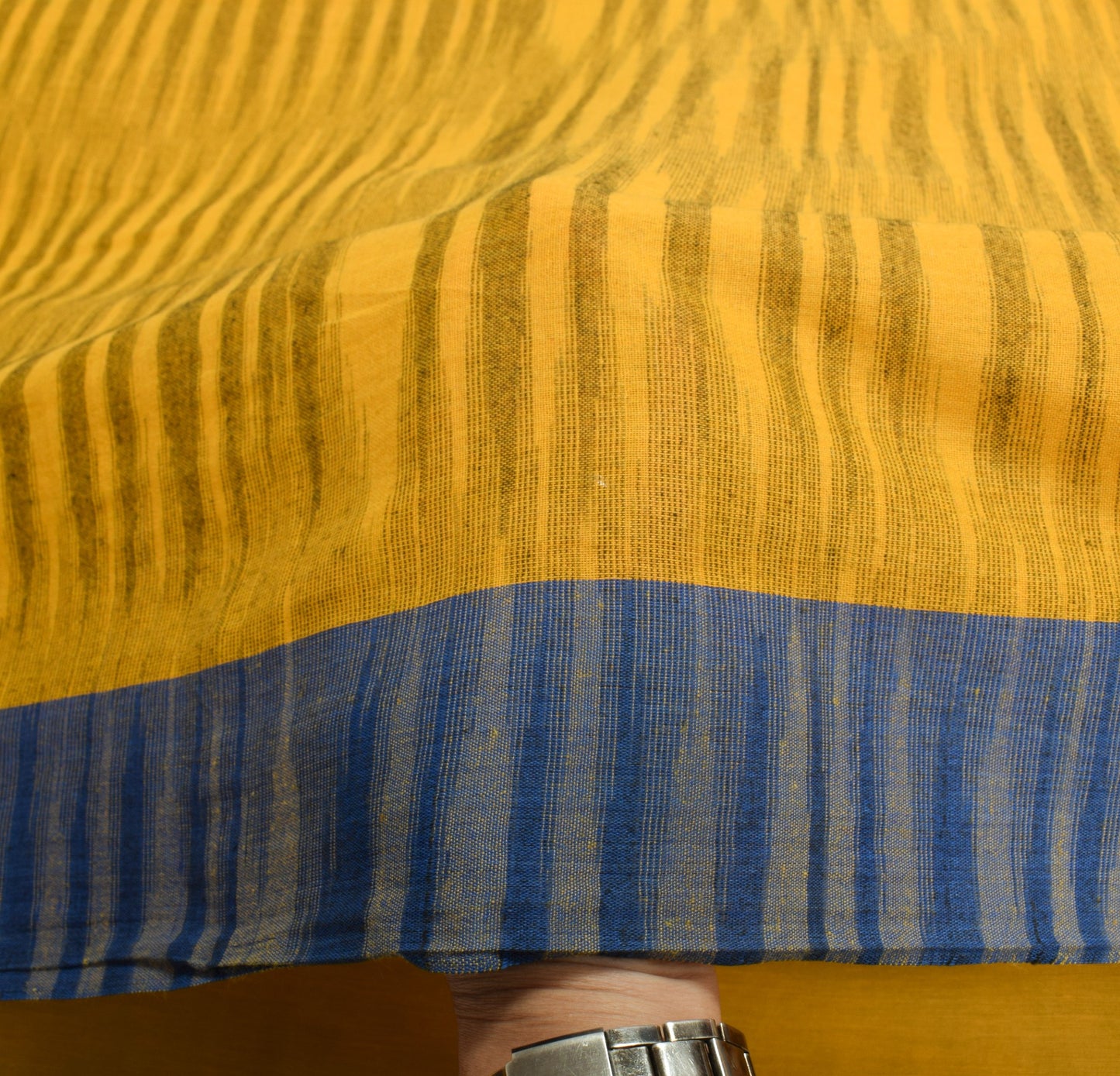 Sushila Vintage Blue Yellow Saree Art Cotton Hands Woven Stripes 6YD Sari Fabric