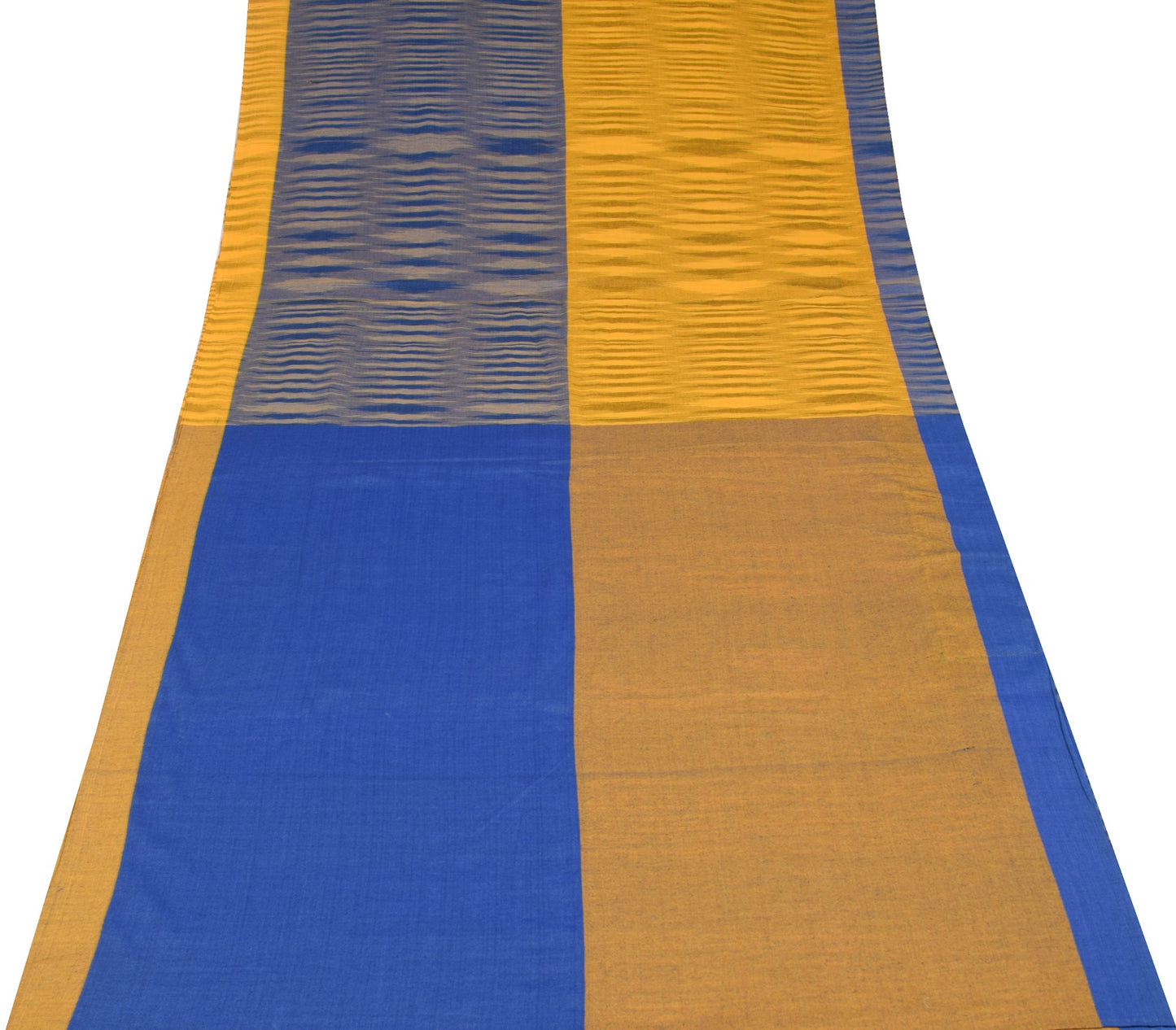 Sushila Vintage Blue Yellow Saree Art Cotton Hands Woven Stripes 6YD Sari Fabric