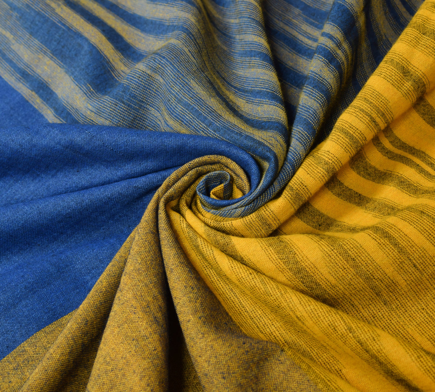 Sushila Vintage Blue Yellow Saree Art Cotton Hands Woven Stripes 6YD Sari Fabric